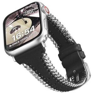 NEW Black Silver Leather Apple Watch Band